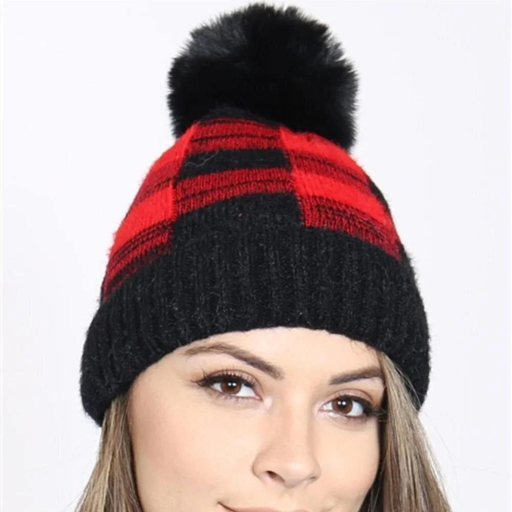 BUFFALO CHECKERED PLAID PRINT BEANIE WITH POM POM